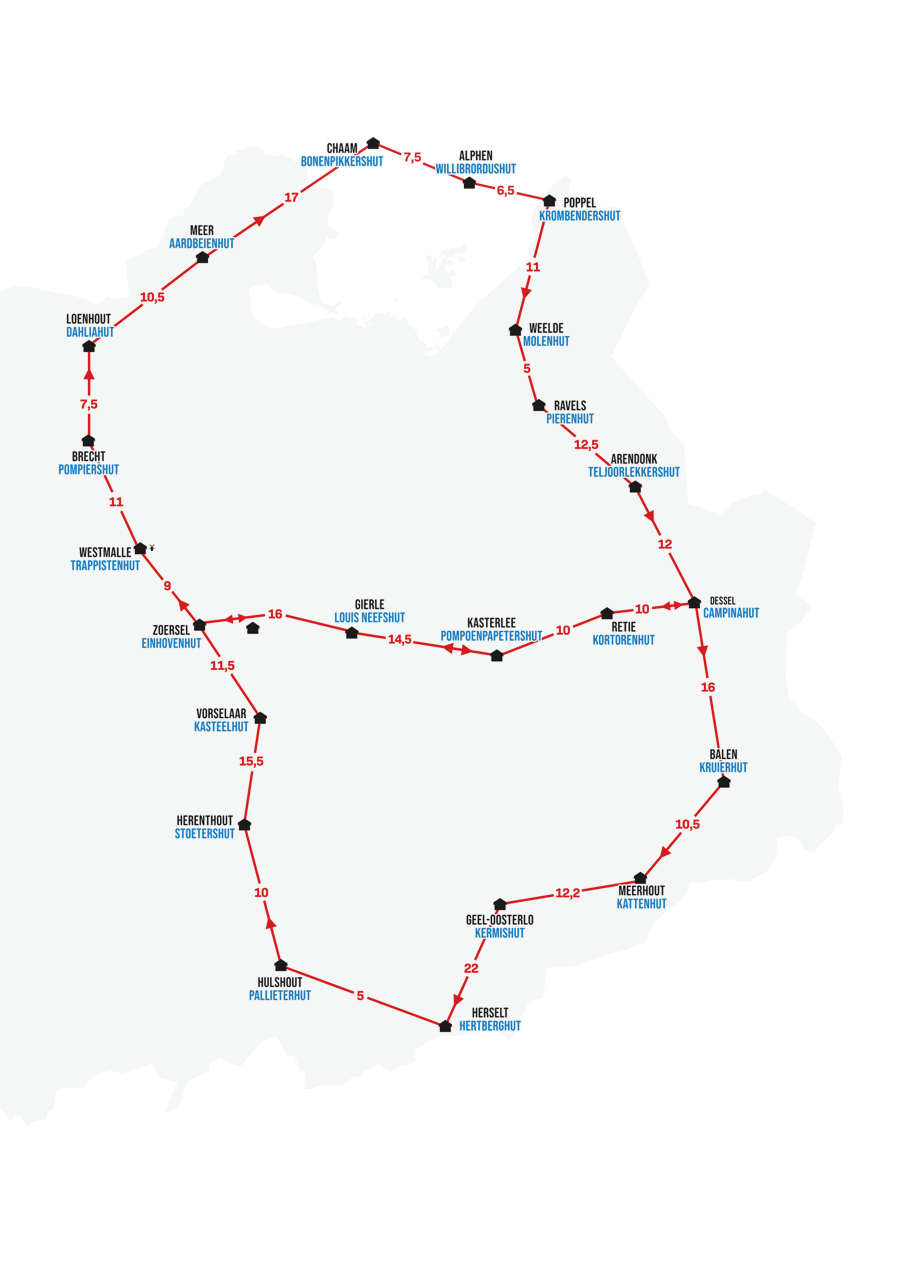 Afbeelding met rode lijnen van de buitenroute